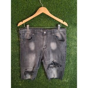 WAIMEA Men's Black Distressed Moto Denim Shorts Skinny Fit Size 34 Biker Punk